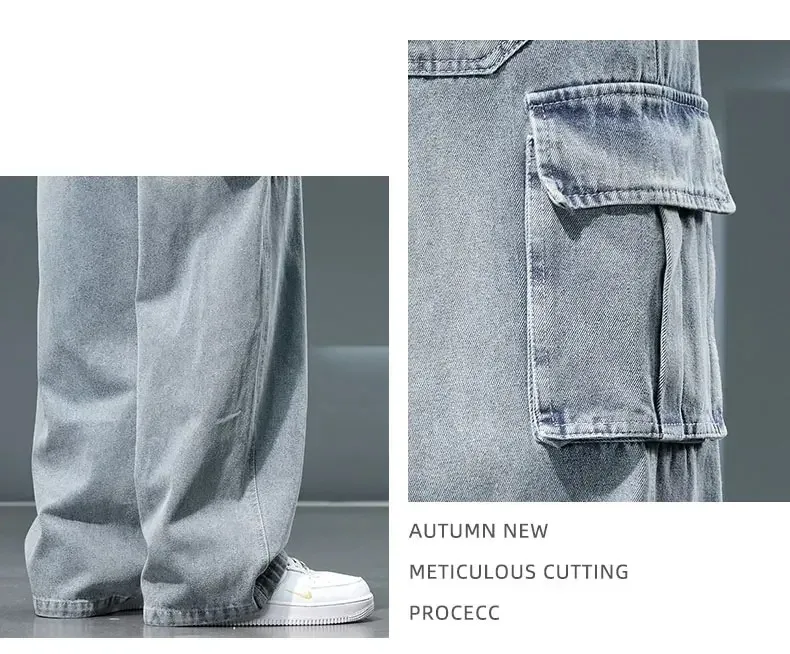 8XL Jeans New Wide Leg Washing Pants Men Trousers Neutral Solid Color Loose Casual Korean Fashion Pocket Plus Size Cargo Pant
