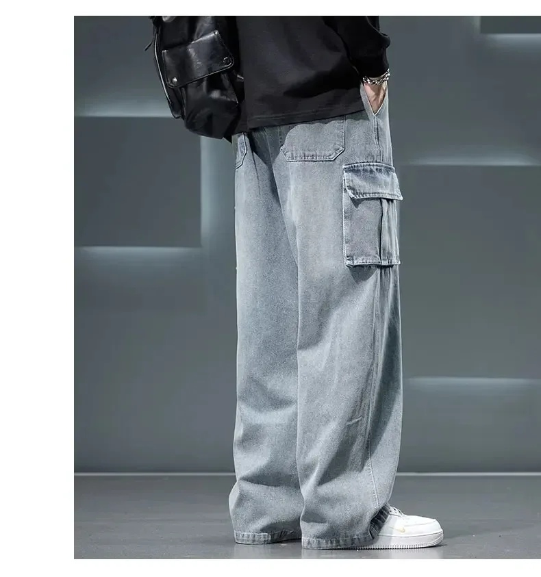 8XL Jeans New Wide Leg Washing Pants Men Trousers Neutral Solid Color Loose Casual Korean Fashion Pocket Plus Size Cargo Pant