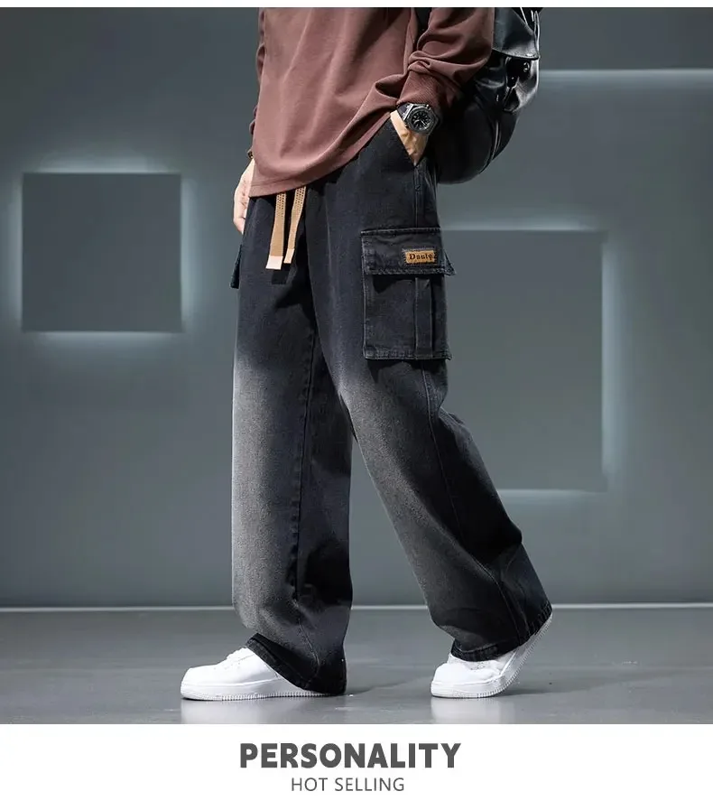 8XL Jeans New Wide Leg Washing Pants Men Trousers Neutral Solid Color Loose Casual Korean Fashion Pocket Plus Size Cargo Pant