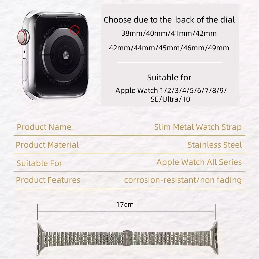Slim Stainless Steel Strap for Apple Watch Ultra 49mm Compatible with Series 9 8 76 SE 543Metal Bracelet 38/42mm 40/44mm 41/45mm