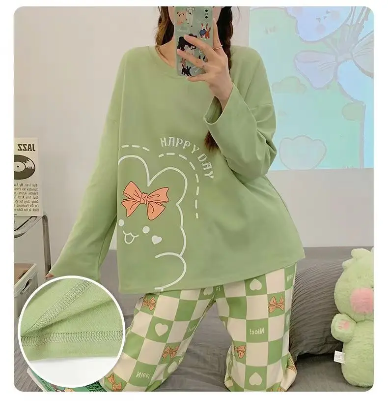 Spring and Autumn New Women's Pajamas Homewear Suit Girls Thin Section Long-Sleeved Students Big Yards Cartoon Loose Pajamas