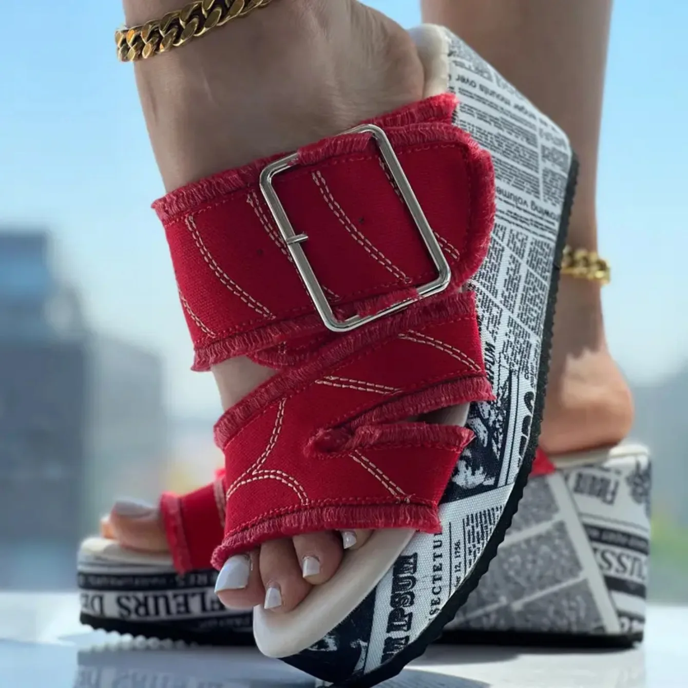 Women Sandals Casual Fashion Vacation Daily Shoes Women Summer New Buckled Denim Platform Wedge Sandals Women Zapatos De Mujer