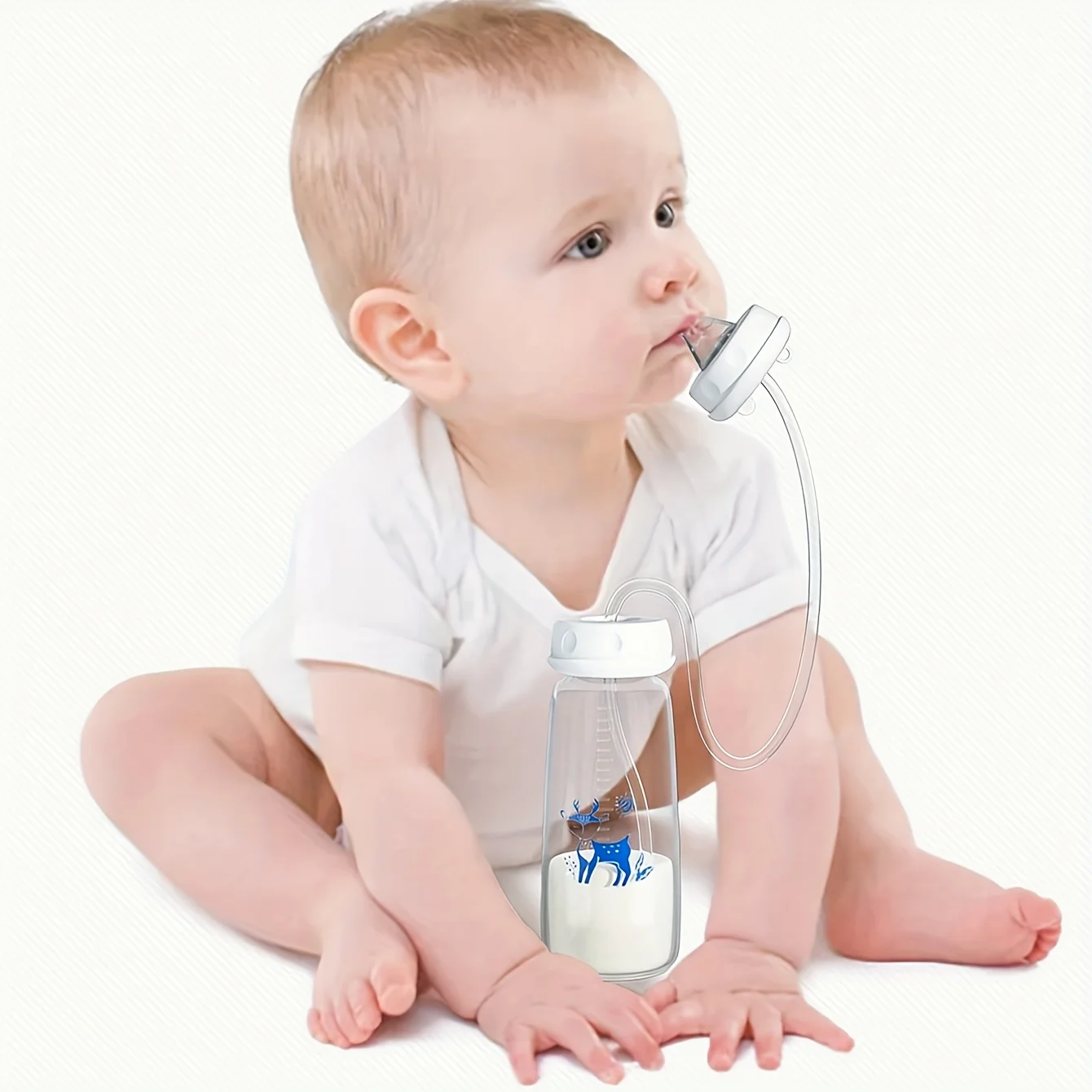 8oz/240ml Normal-Neck Baby Bottle with Straw Brush,Hands-Free PP Feeding Bottle Set-Makes Feeding Easy