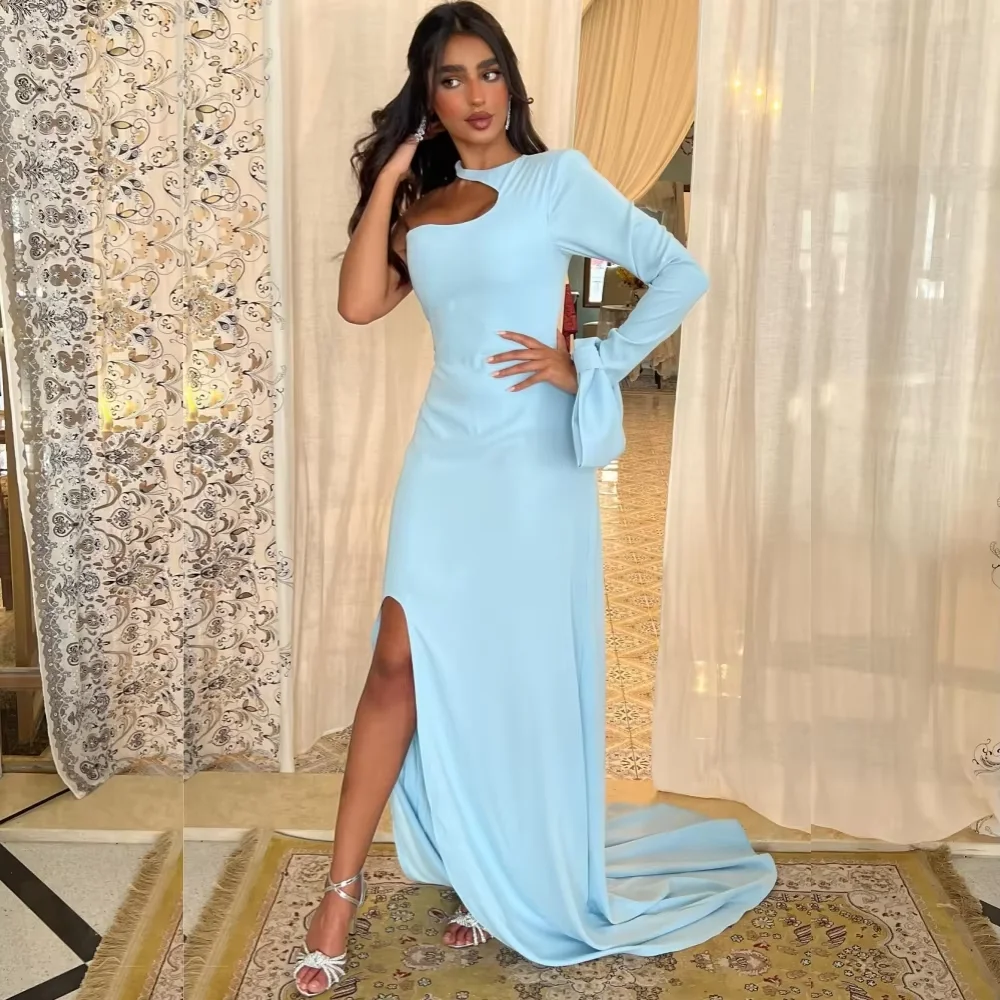 Customized Mermaid Prom Dresses Floor-Length One-Shoulder Full Sleeve Evening Gown Simple Fashion Bow Draped Party Gown