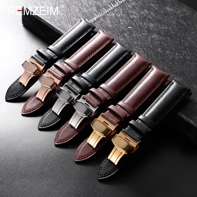 Leather Watchband 18mm 20mm 22mm Men's and Women's Replacement Casual Strap With Automatic Butterfly Clasp Watch Strap