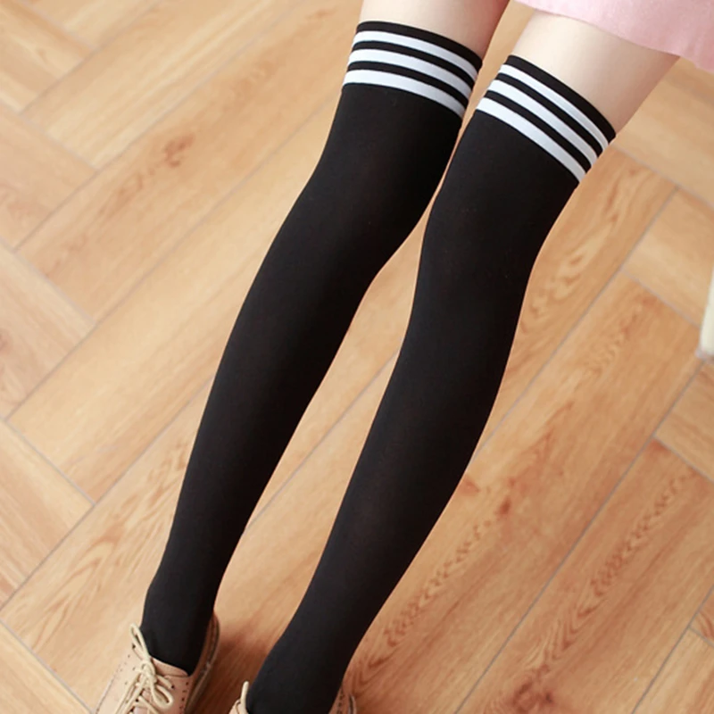 1/2/3 Pairs Women's Black White Striped over Knee Long Socks Sexy Thigh High Soft Tube Stockings for Ladies Girls