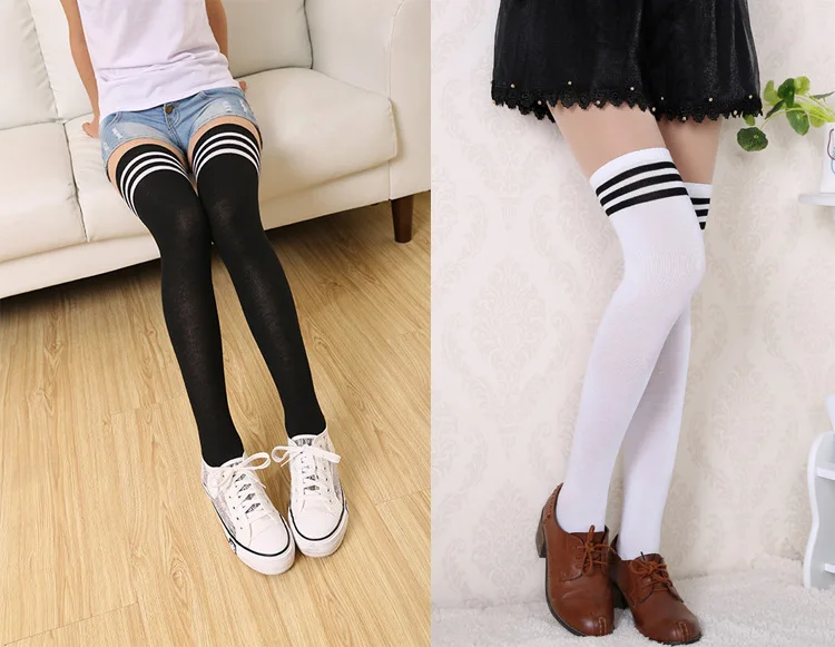 1/2/3 Pairs Women's Black White Striped over Knee Long Socks Sexy Thigh High Soft Tube Stockings for Ladies Girls