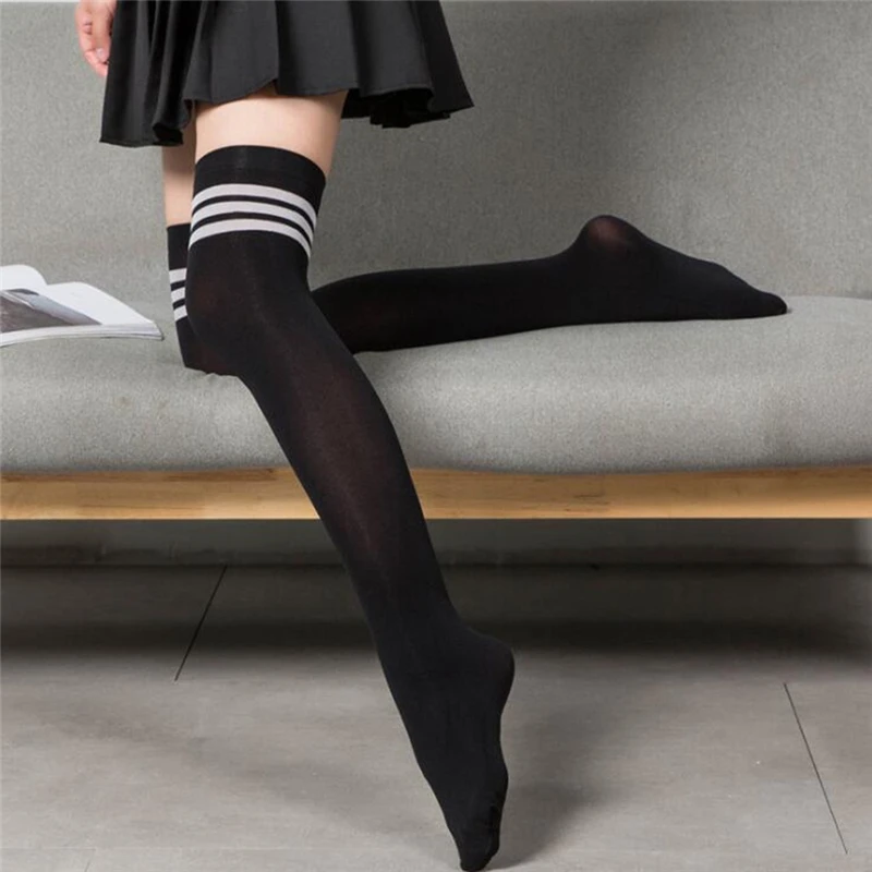 1/2/3 Pairs Women's Black White Striped over Knee Long Socks Sexy Thigh High Soft Tube Stockings for Ladies Girls