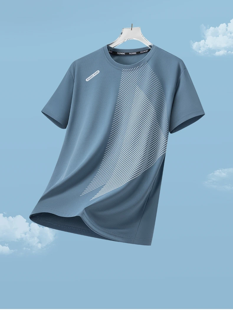 Men's Summer Ice Silk Quick Dry Round Neck Short Sleeve T-Shirt Fashionable Striped Casual Outdoor Sports Running Top