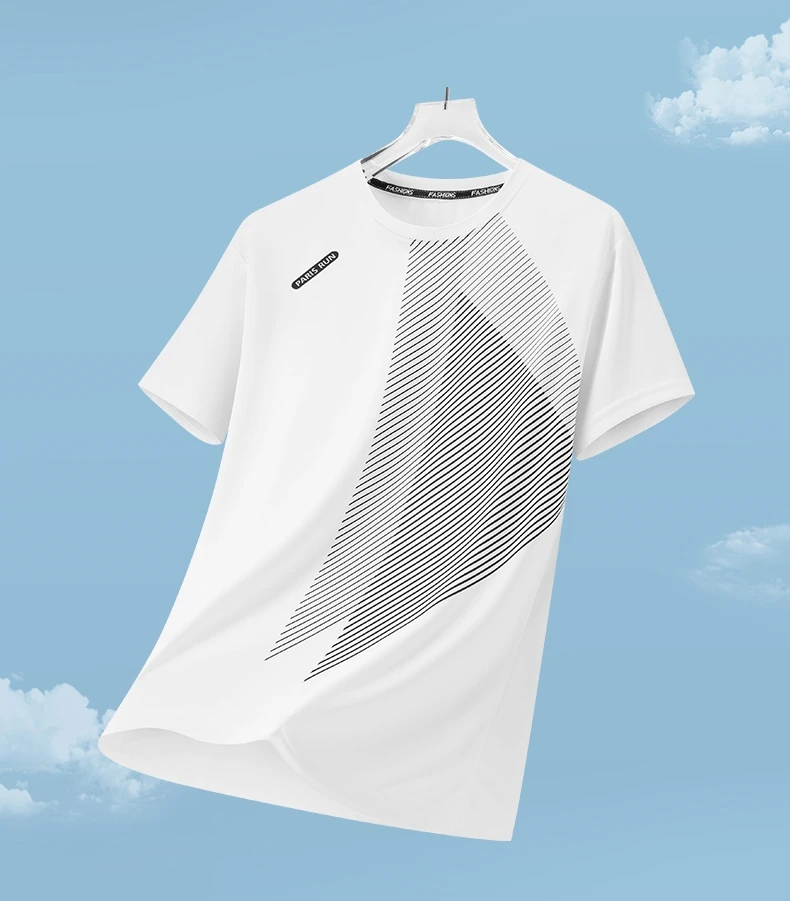 Men's Summer Ice Silk Quick Dry Round Neck Short Sleeve T-Shirt Fashionable Striped Casual Outdoor Sports Running Top