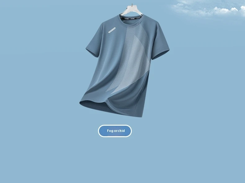 Men's Summer Ice Silk Quick Dry Round Neck Short Sleeve T-Shirt Fashionable Striped Casual Outdoor Sports Running Top