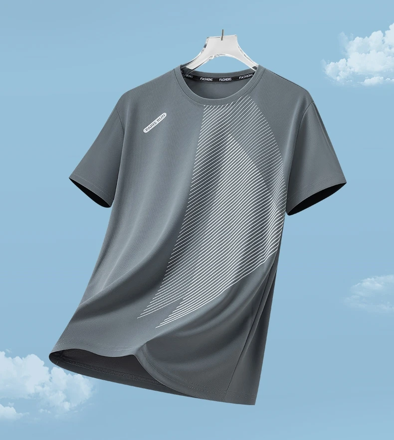 Men's Summer Ice Silk Quick Dry Round Neck Short Sleeve T-Shirt Fashionable Striped Casual Outdoor Sports Running Top