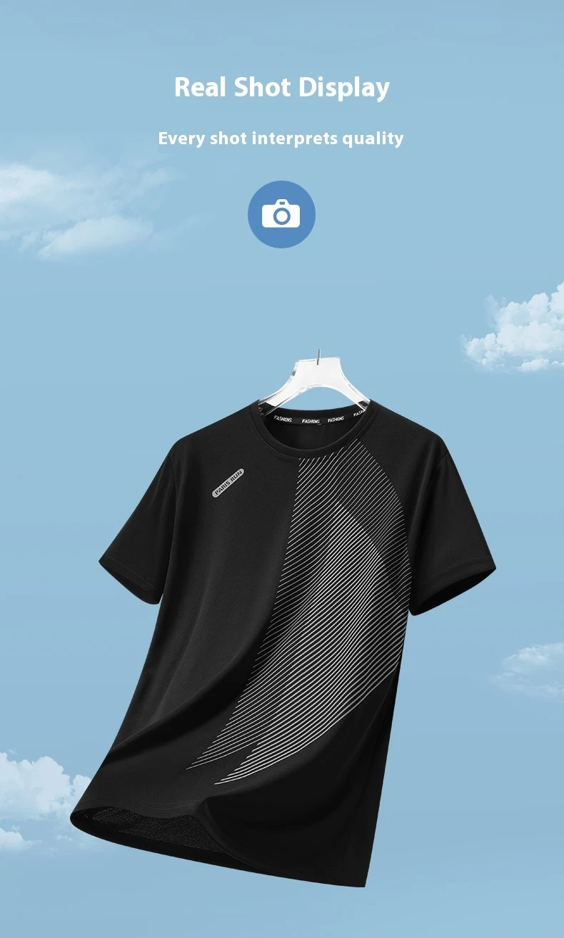 Men's Summer Ice Silk Quick Dry Round Neck Short Sleeve T-Shirt Fashionable Striped Casual Outdoor Sports Running Top