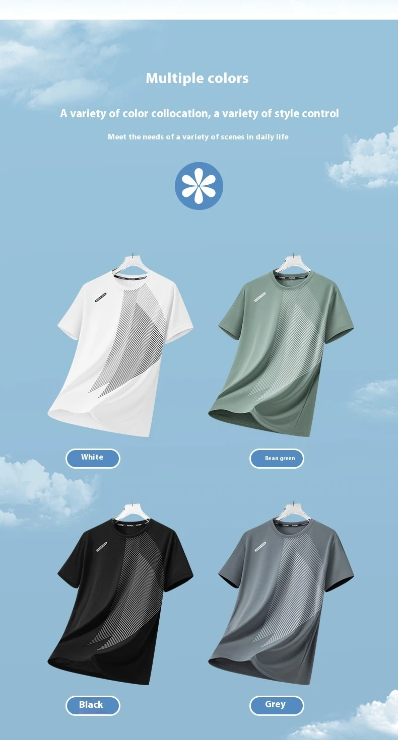 Men's Summer Ice Silk Quick Dry Round Neck Short Sleeve T-Shirt Fashionable Striped Casual Outdoor Sports Running Top