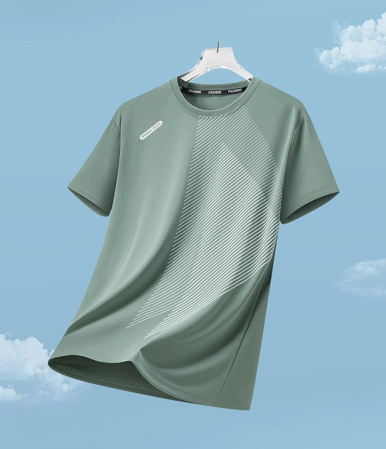 Men's Summer Ice Silk Quick Dry Round Neck Short Sleeve T-Shirt Fashionable Striped Casual Outdoor Sports Running Top