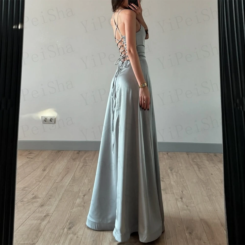 Customized A-Line Prom Dresses Floor-Length Spaghetti Strap Sleeveless Evening Gown Fashion Side Split Backless Bow Lace-Up