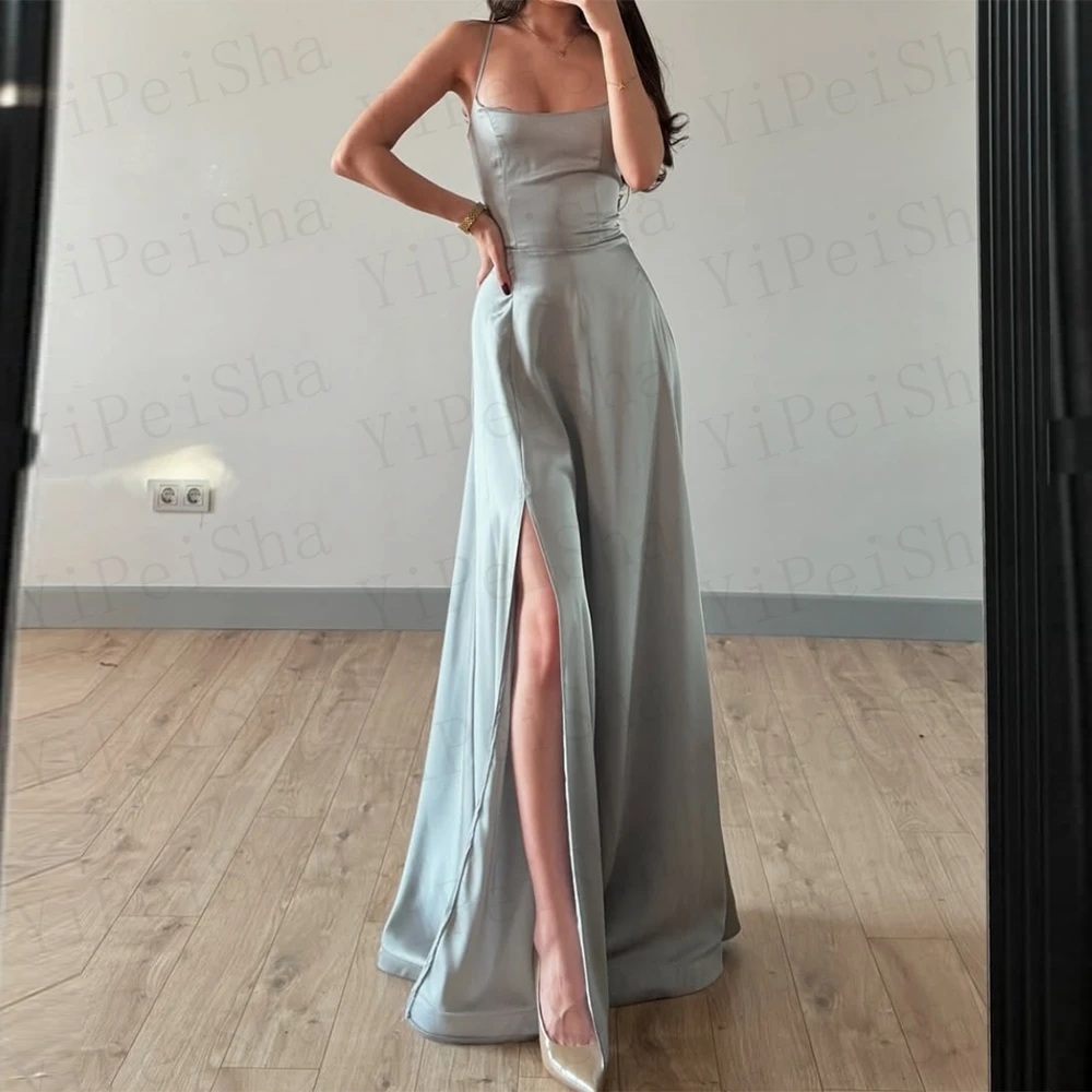 Customized A-Line Prom Dresses Floor-Length Spaghetti Strap Sleeveless Evening Gown Fashion Side Split Backless Bow Lace-Up