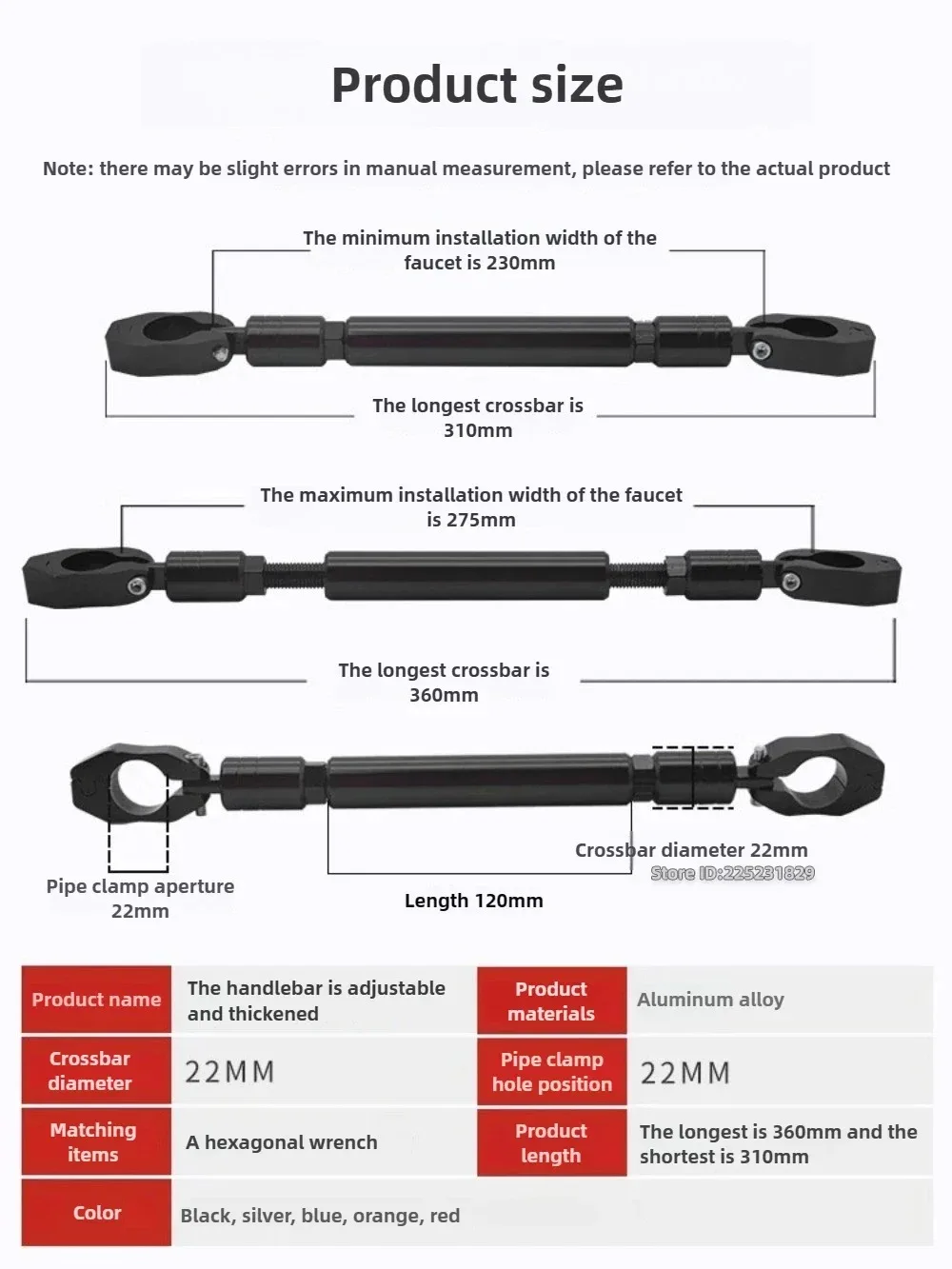 22mm Motorcycle Handlebar Handle Grip Adjustable Crossbar Balance Bracket Steering Wheel Reinforce Replacement Rod Expansion