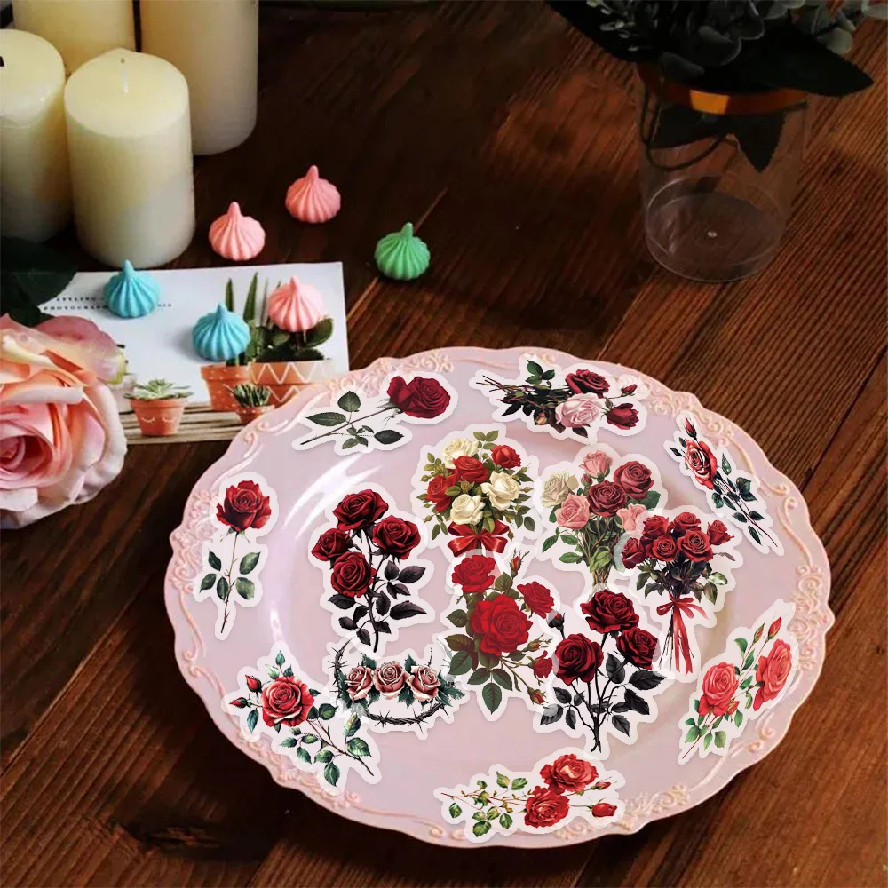 50PCS Retro Red Rose Graffiti Stickers for Mobile Laptop Water Cup Plate Scrapbook Personalized Decorative Stickers