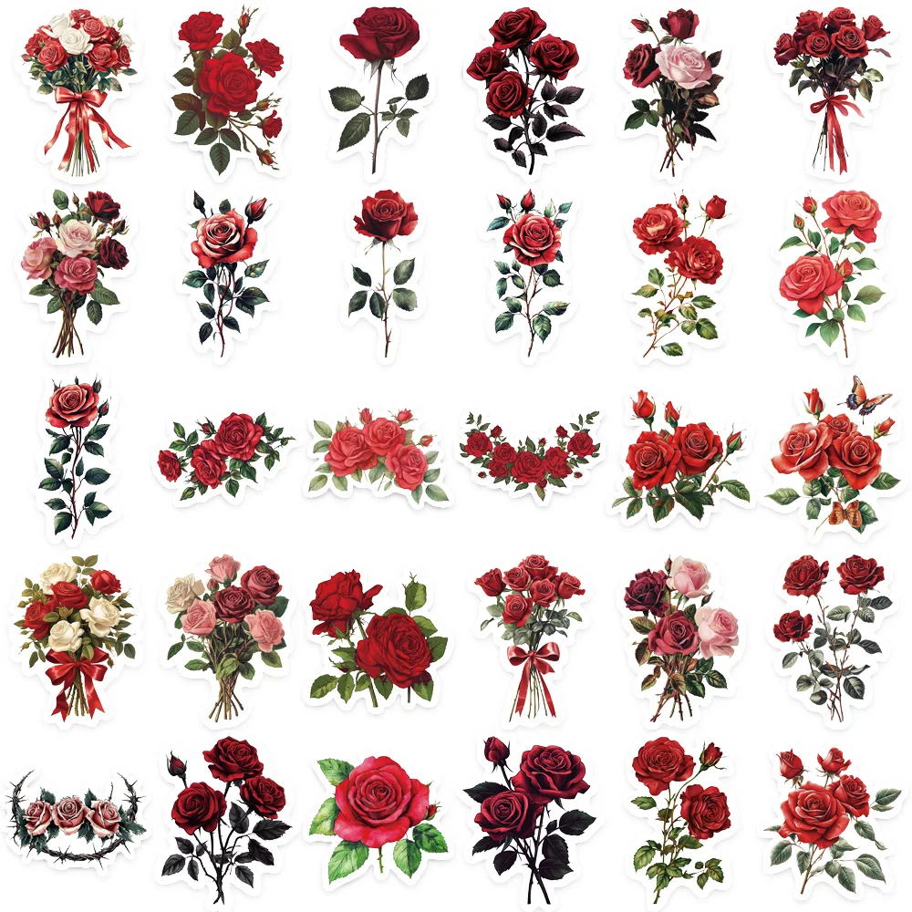50PCS Retro Red Rose Graffiti Stickers for Mobile Laptop Water Cup Plate Scrapbook Personalized Decorative Stickers