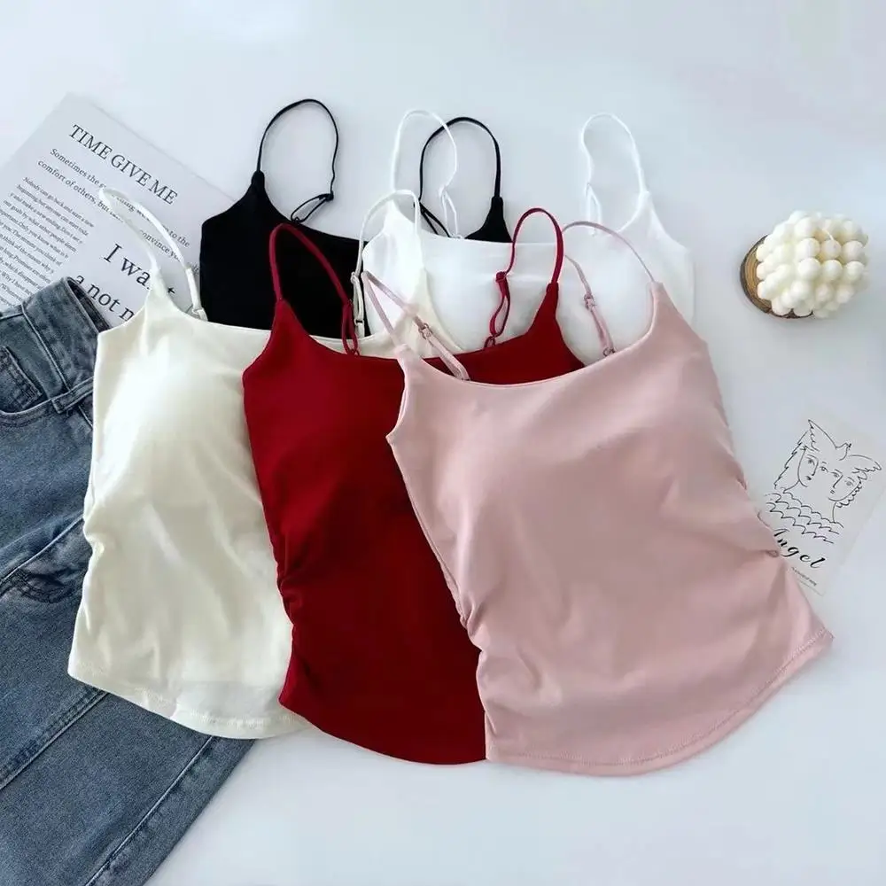 New Women Tank Tops Summer Solid Color Built-In Bra Camisole Casual Slim Sleeveless Folds Tank Tops Women Basic Sports Vest