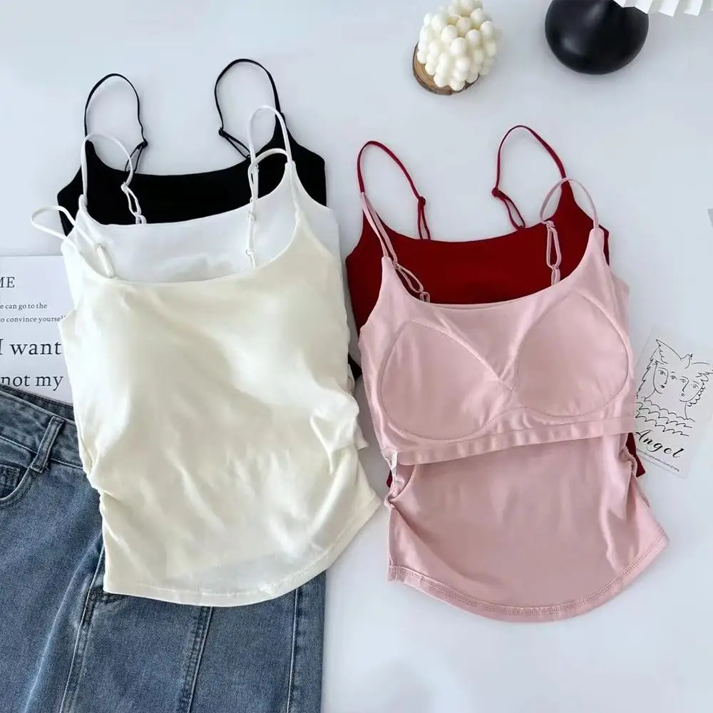 New Women Tank Tops Summer Solid Color Built-In Bra Camisole Casual Slim Sleeveless Folds Tank Tops Women Basic Sports Vest