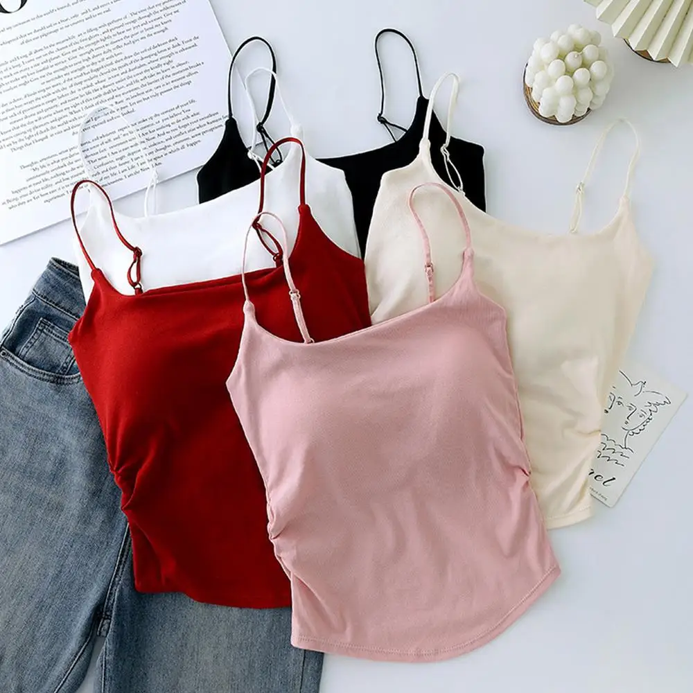 New Women Tank Tops Summer Solid Color Built-In Bra Camisole Casual Slim Sleeveless Folds Tank Tops Women Basic Sports Vest