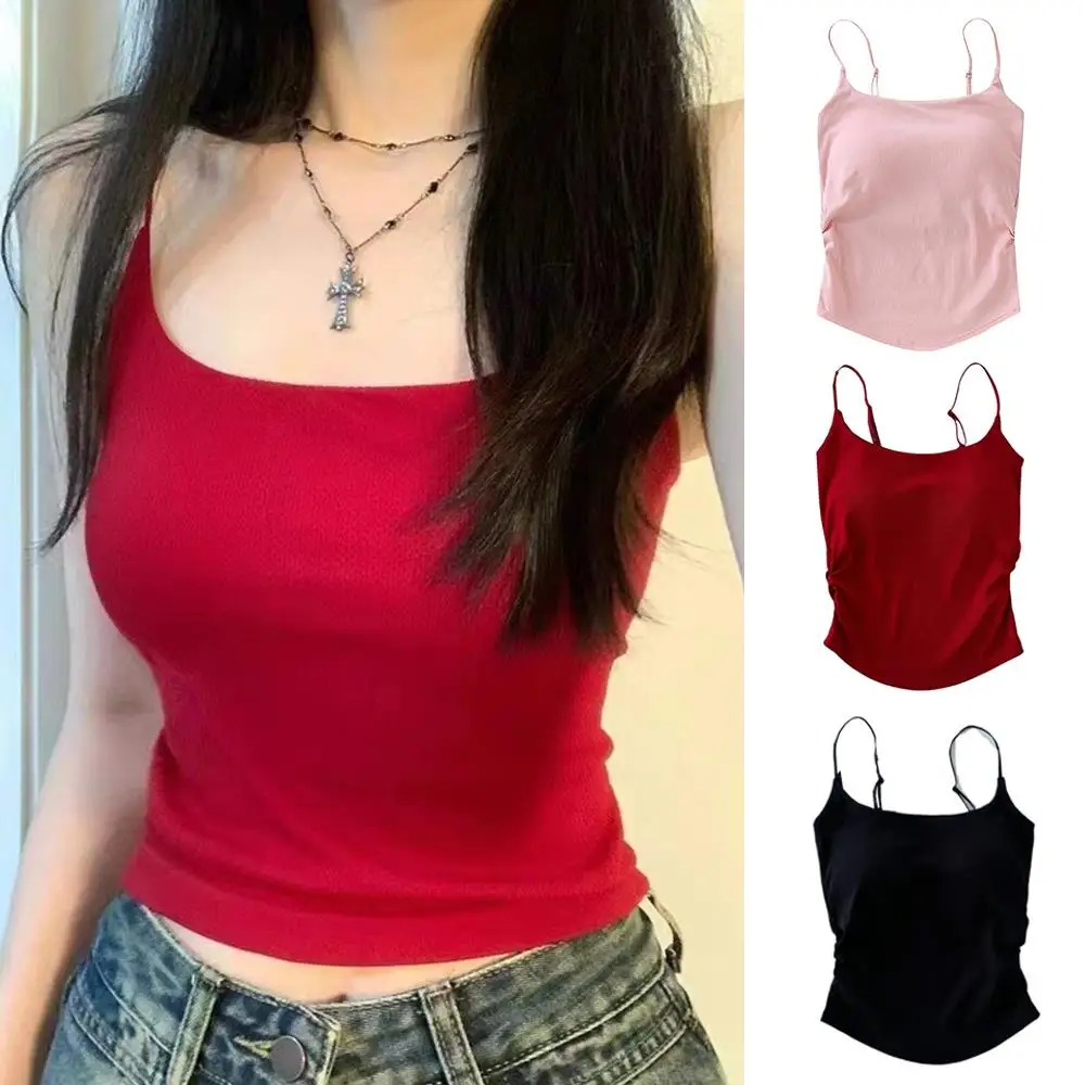New Women Tank Tops Summer Solid Color Built-In Bra Camisole Casual Slim Sleeveless Folds Tank Tops Women Basic Sports Vest