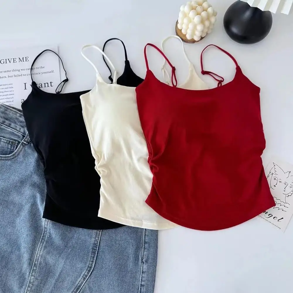 New Women Tank Tops Summer Solid Color Built-In Bra Camisole Casual Slim Sleeveless Folds Tank Tops Women Basic Sports Vest