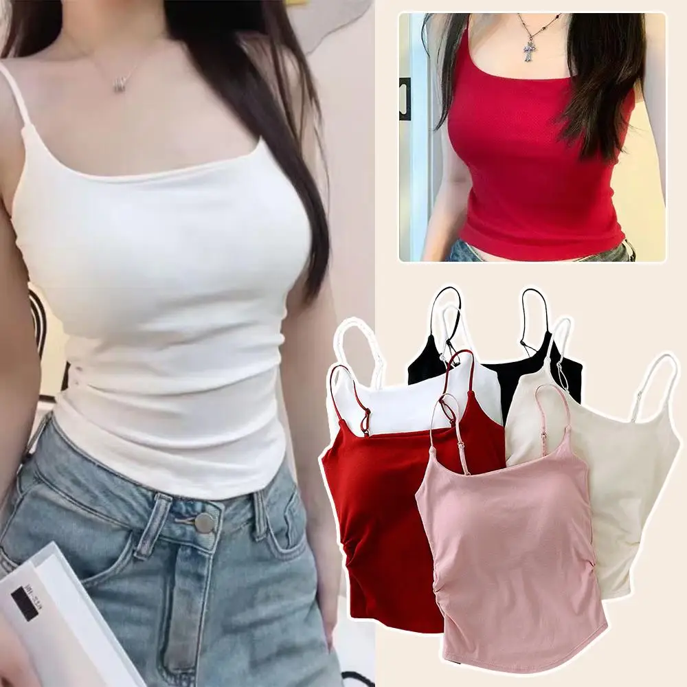 New Women Tank Tops Summer Solid Color Built-In Bra Camisole Casual Slim Sleeveless Folds Tank Tops Women Basic Sports Vest