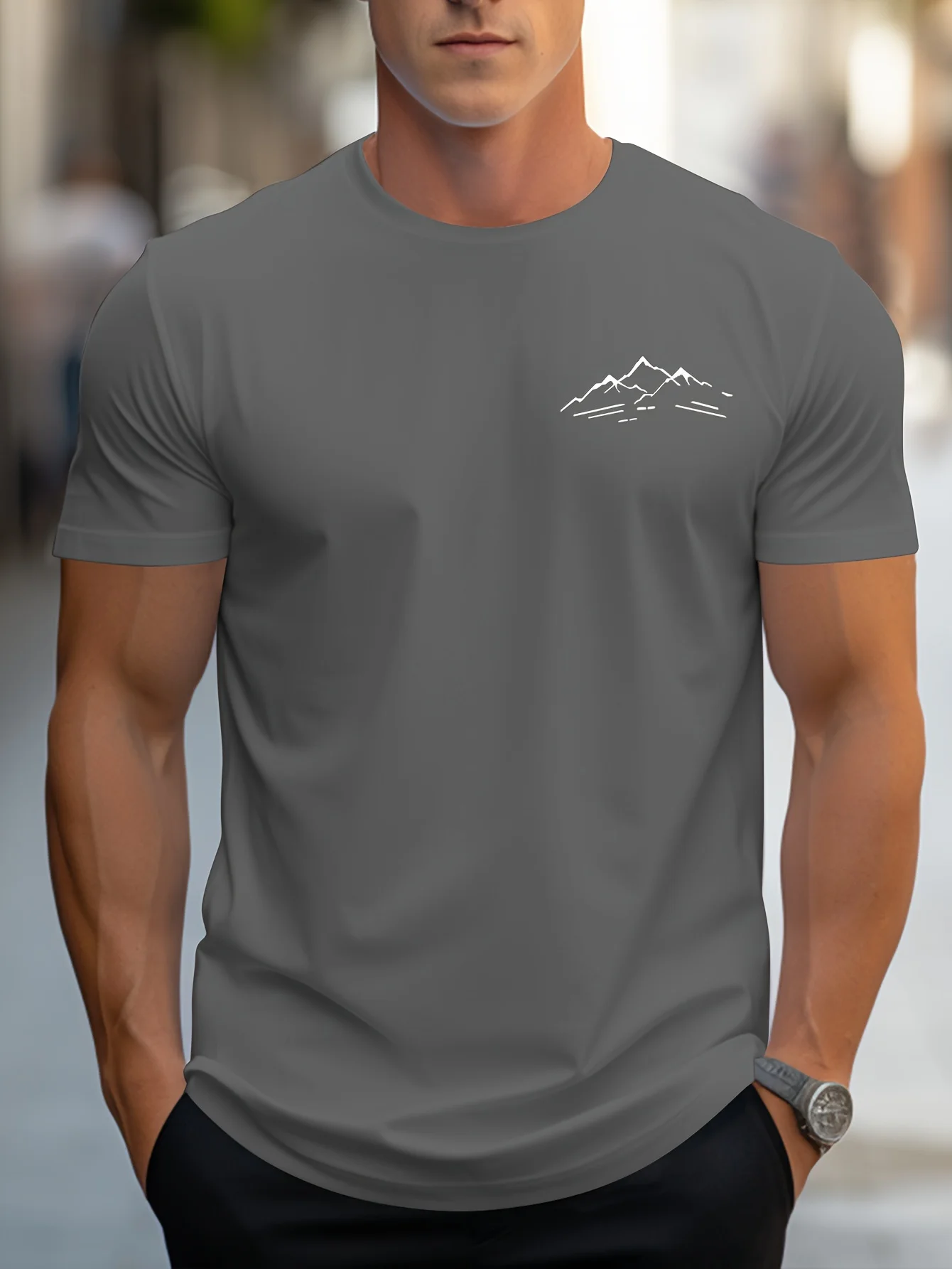Men's Summer 100 Cotton Fashionable Casual Sports Loose Plus Size Mountain Pattern Printed Round Neck Short Sleeved T-Shirt