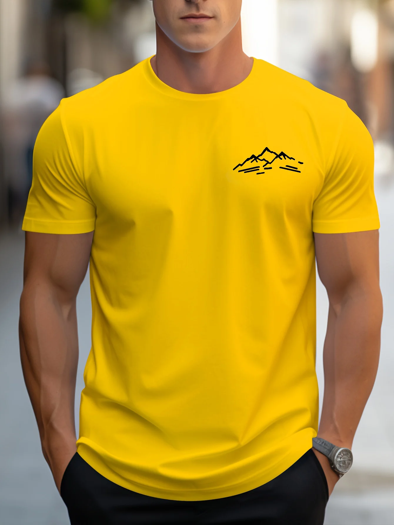 Men's Summer 100 Cotton Fashionable Casual Sports Loose Plus Size Mountain Pattern Printed Round Neck Short Sleeved T-Shirt