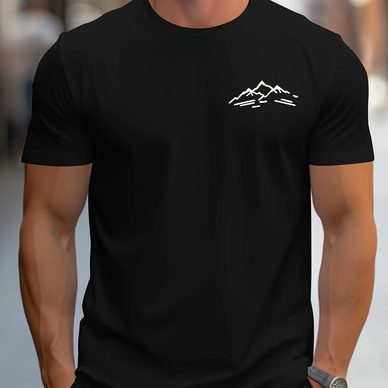 Men's Summer 100 Cotton Fashionable Casual Sports Loose Plus Size Mountain Pattern Printed Round Neck Short Sleeved T-Shirt