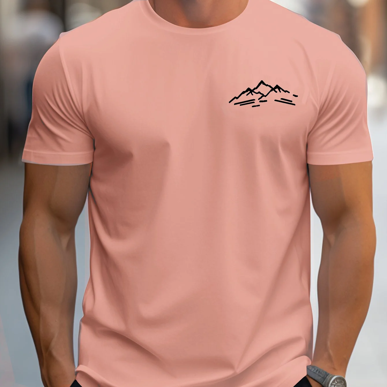 Men's Summer 100 Cotton Fashionable Casual Sports Loose Plus Size Mountain Pattern Printed Round Neck Short Sleeved T-Shirt