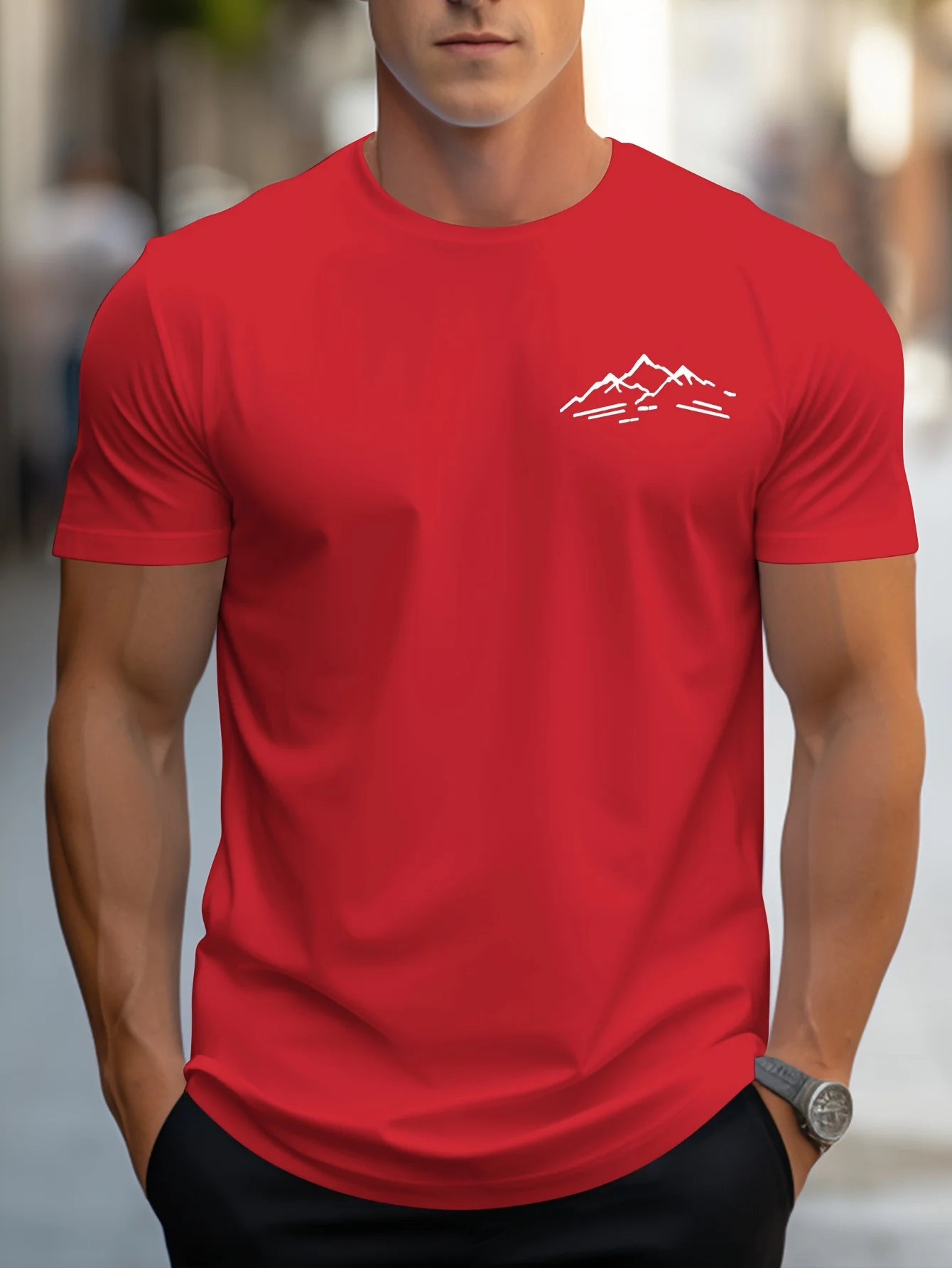 Men's Summer 100 Cotton Fashionable Casual Sports Loose Plus Size Mountain Pattern Printed Round Neck Short Sleeved T-Shirt