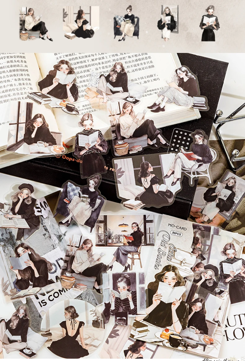 30pcs/pack artistic girl creative character PET sticker bag Collage Junk Journal DIY scrapbook aesthetic stationery supplies