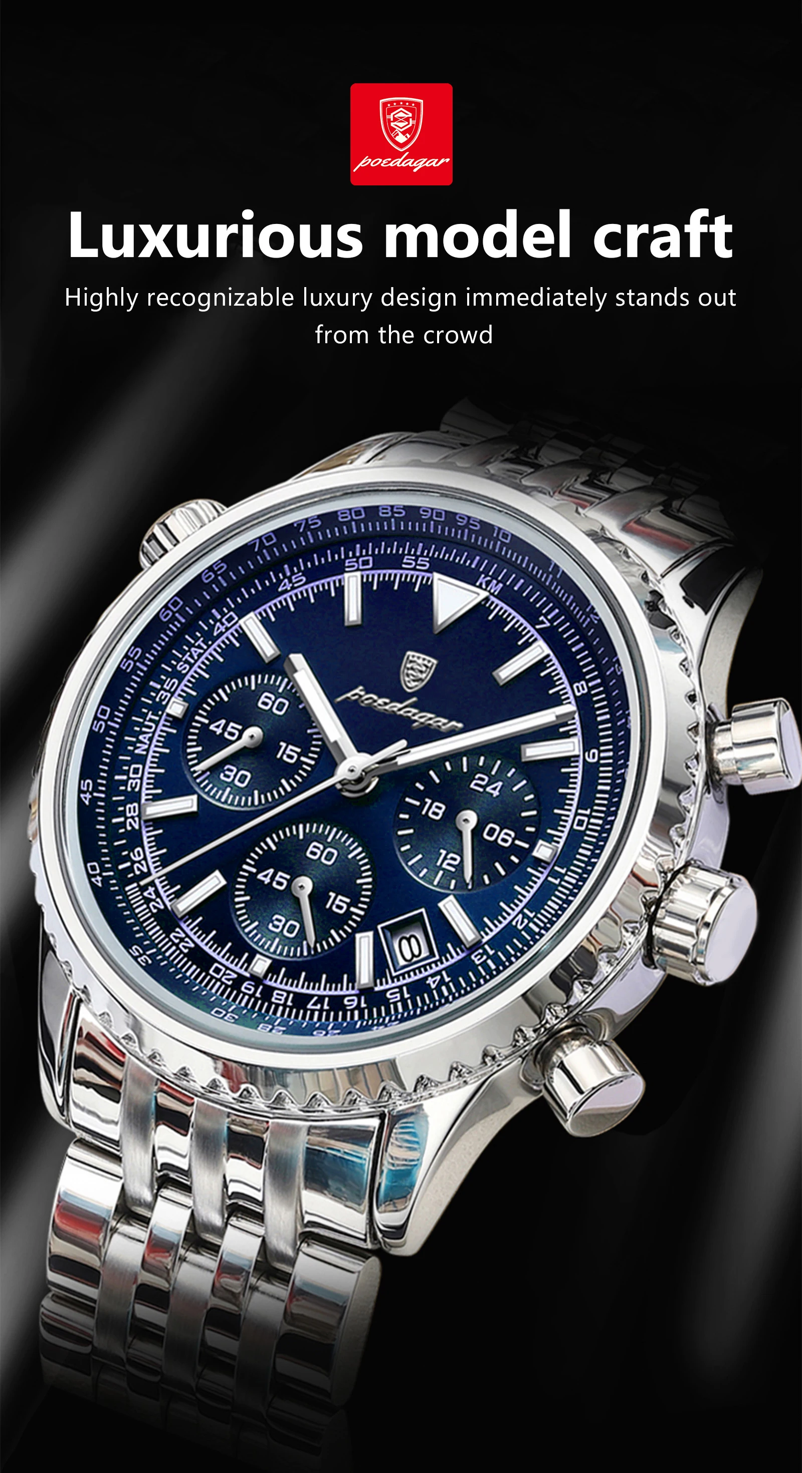 POEDAGAR Fashion Military Men's Watches Waterproof Luminous Date Chronograph Man Watch Stainless Steel Luxury Quartz Male Clock