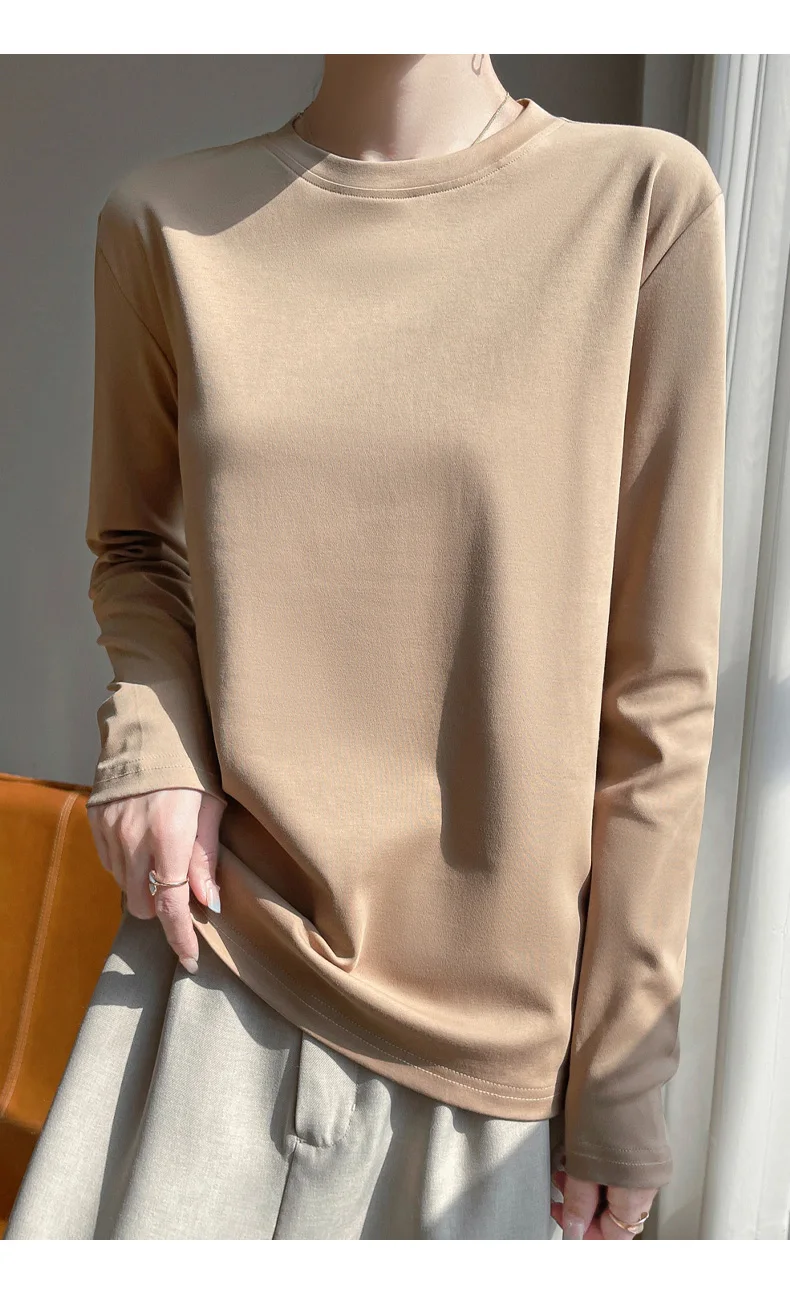 Spring And Summer New Mercerized Cotton Long Sleeve T-shirt Women's Round Neck Loose 100% Cotton Bottoming T-shirt