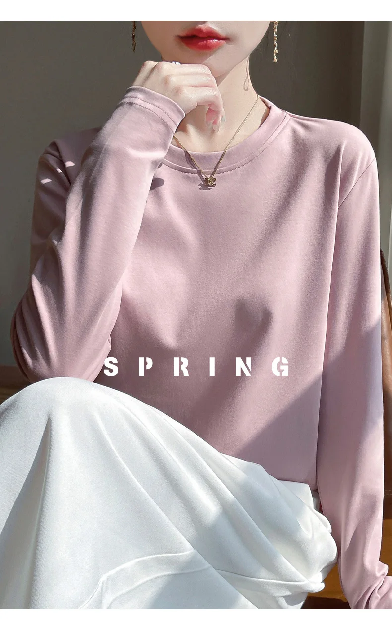 Spring And Summer New Mercerized Cotton Long Sleeve T-shirt Women's Round Neck Loose 100% Cotton Bottoming T-shirt
