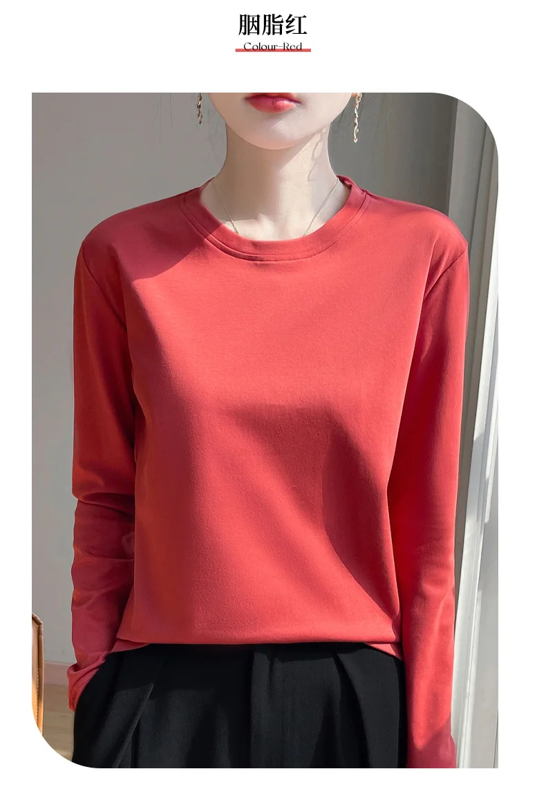 Spring And Summer New Mercerized Cotton Long Sleeve T-shirt Women's Round Neck Loose 100% Cotton Bottoming T-shirt