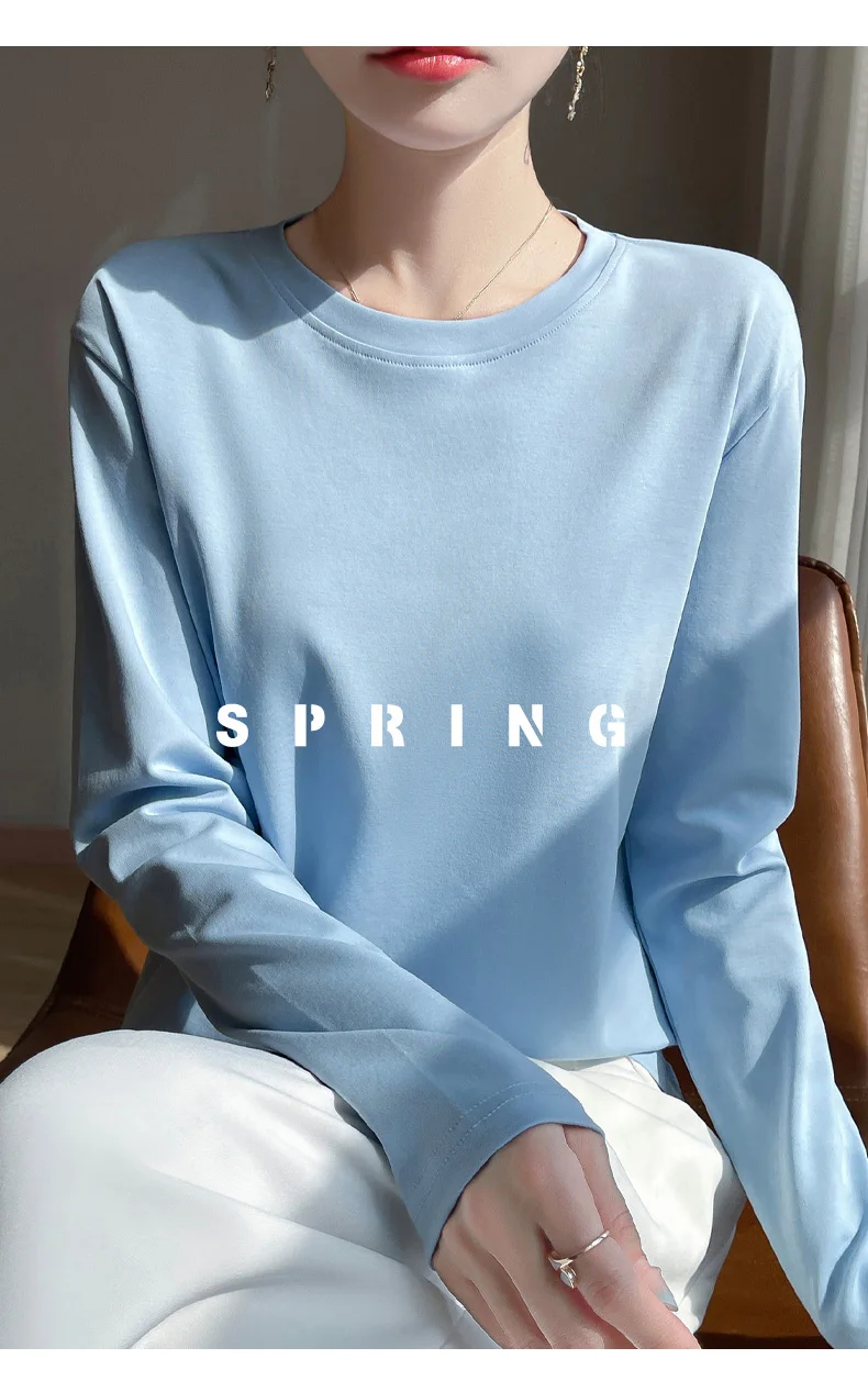 Spring And Summer New Mercerized Cotton Long Sleeve T-shirt Women's Round Neck Loose 100% Cotton Bottoming T-shirt