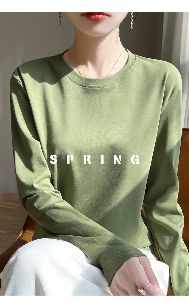 Spring And Summer New Mercerized Cotton Long Sleeve T-shirt Women's Round Neck Loose 100% Cotton Bottoming T-shirt