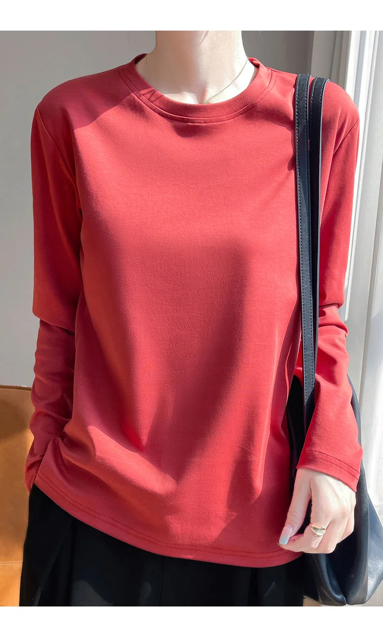 Spring And Summer New Mercerized Cotton Long Sleeve T-shirt Women's Round Neck Loose 100% Cotton Bottoming T-shirt