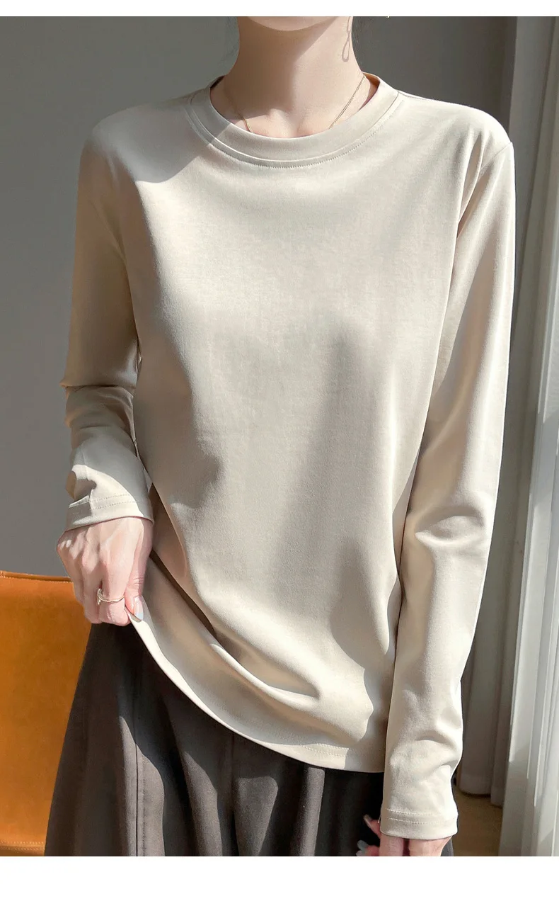 Spring And Summer New Mercerized Cotton Long Sleeve T-shirt Women's Round Neck Loose 100% Cotton Bottoming T-shirt