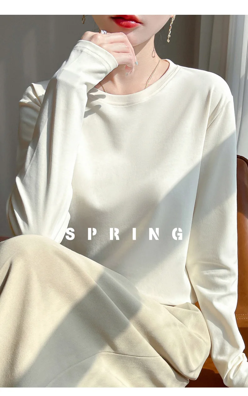 Spring And Summer New Mercerized Cotton Long Sleeve T-shirt Women's Round Neck Loose 100% Cotton Bottoming T-shirt