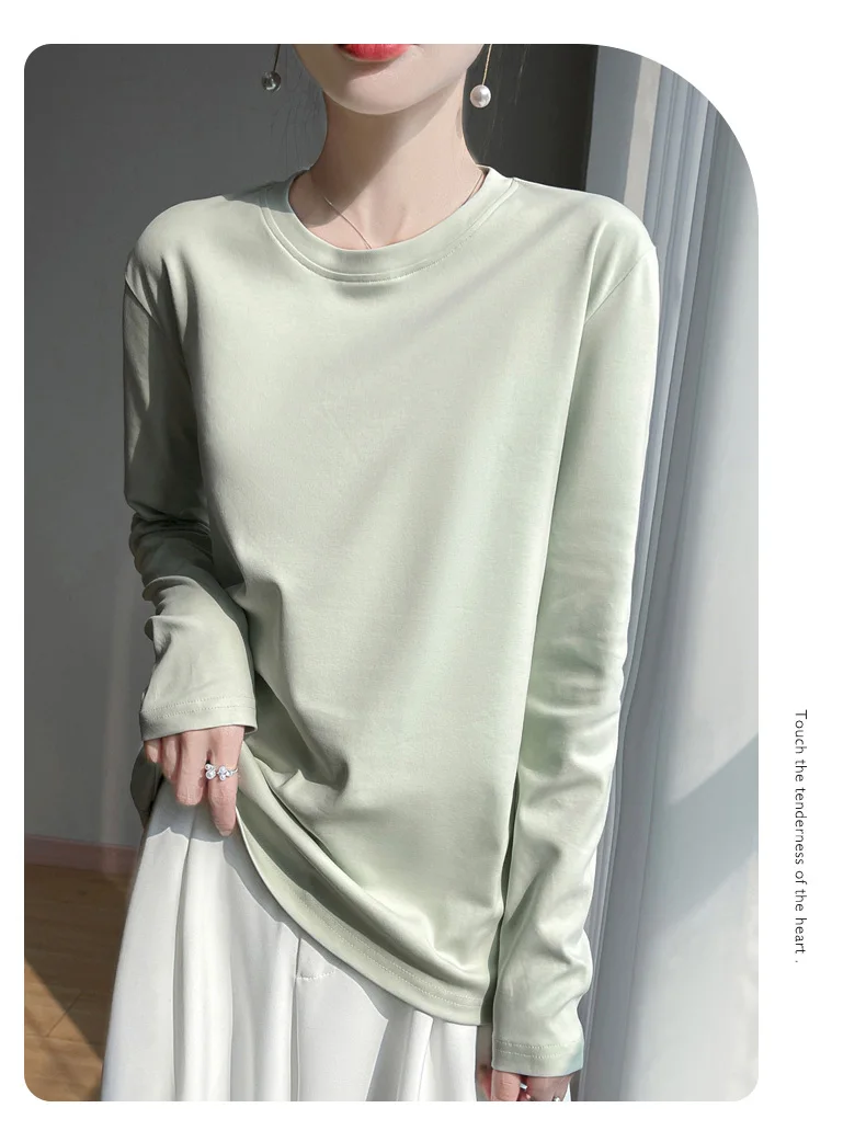 Spring And Summer New Mercerized Cotton Long Sleeve T-shirt Women's Round Neck Loose 100% Cotton Bottoming T-shirt