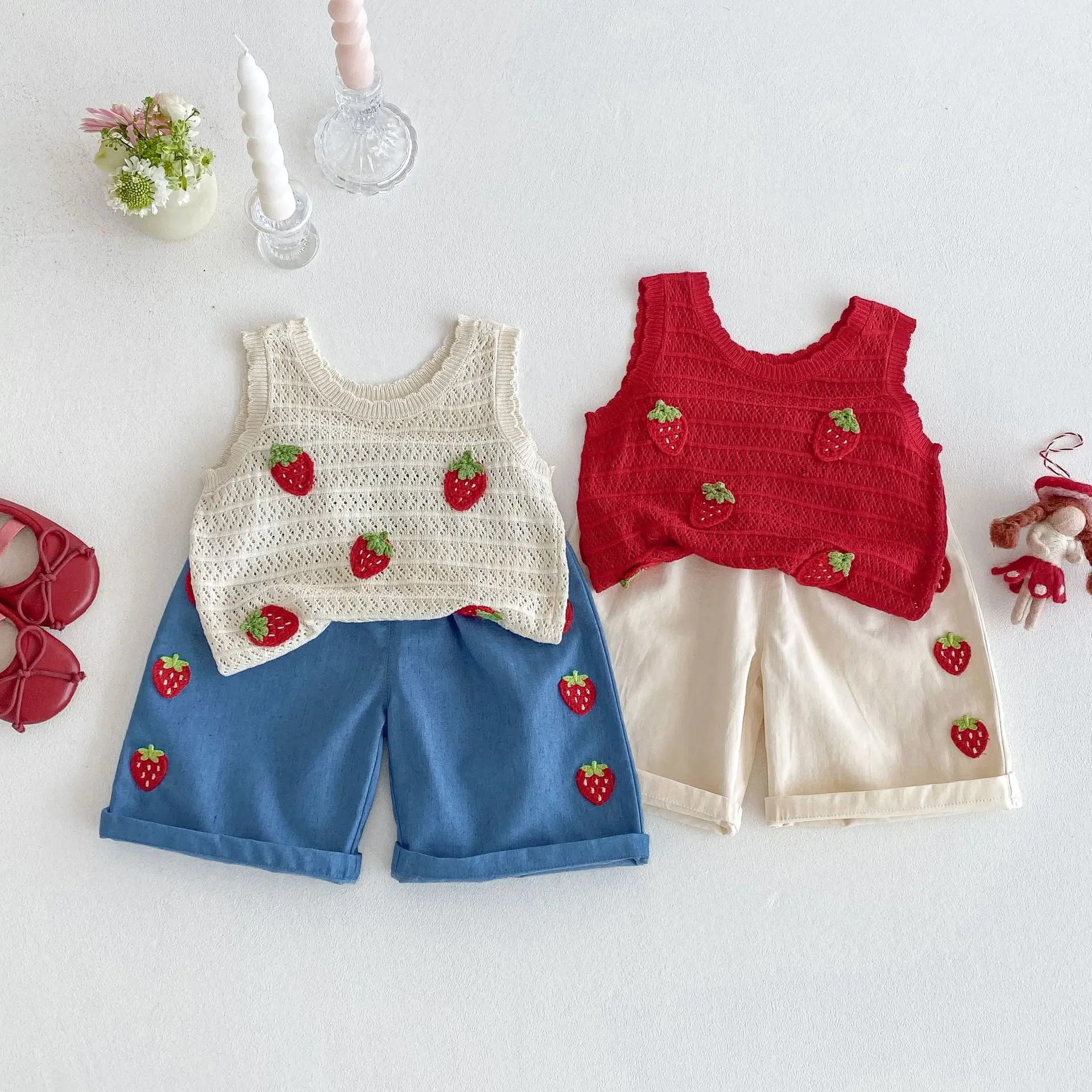 MILANCEl 2025 Summer Kids Clothing Set Strawberry Vest And Wide Leg Pants 2 Pcs Girls Suit Girls Clothes Suit