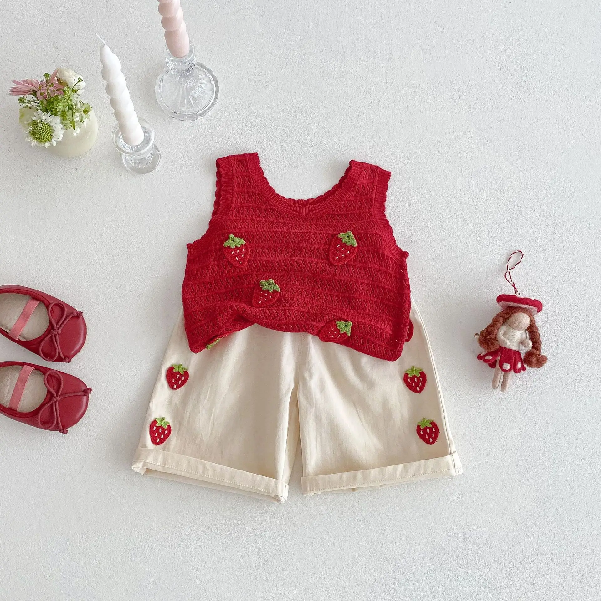 MILANCEl 2025 Summer Kids Clothing Set Strawberry Vest And Wide Leg Pants 2 Pcs Girls Suit Girls Clothes Suit