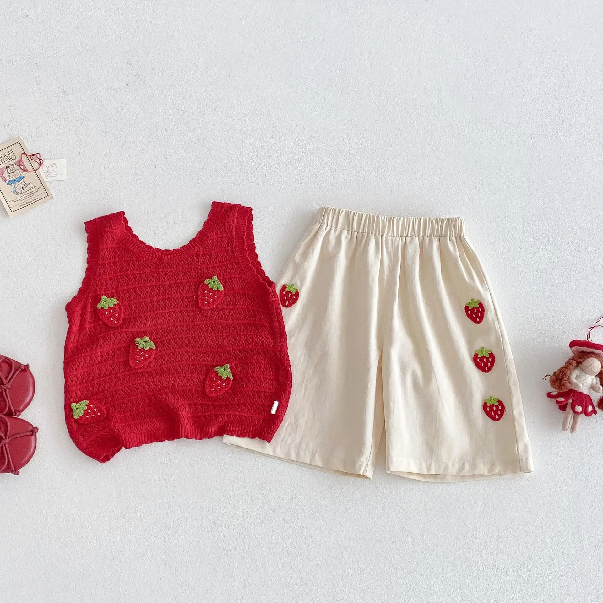 MILANCEl 2025 Summer Kids Clothing Set Strawberry Vest And Wide Leg Pants 2 Pcs Girls Suit Girls Clothes Suit