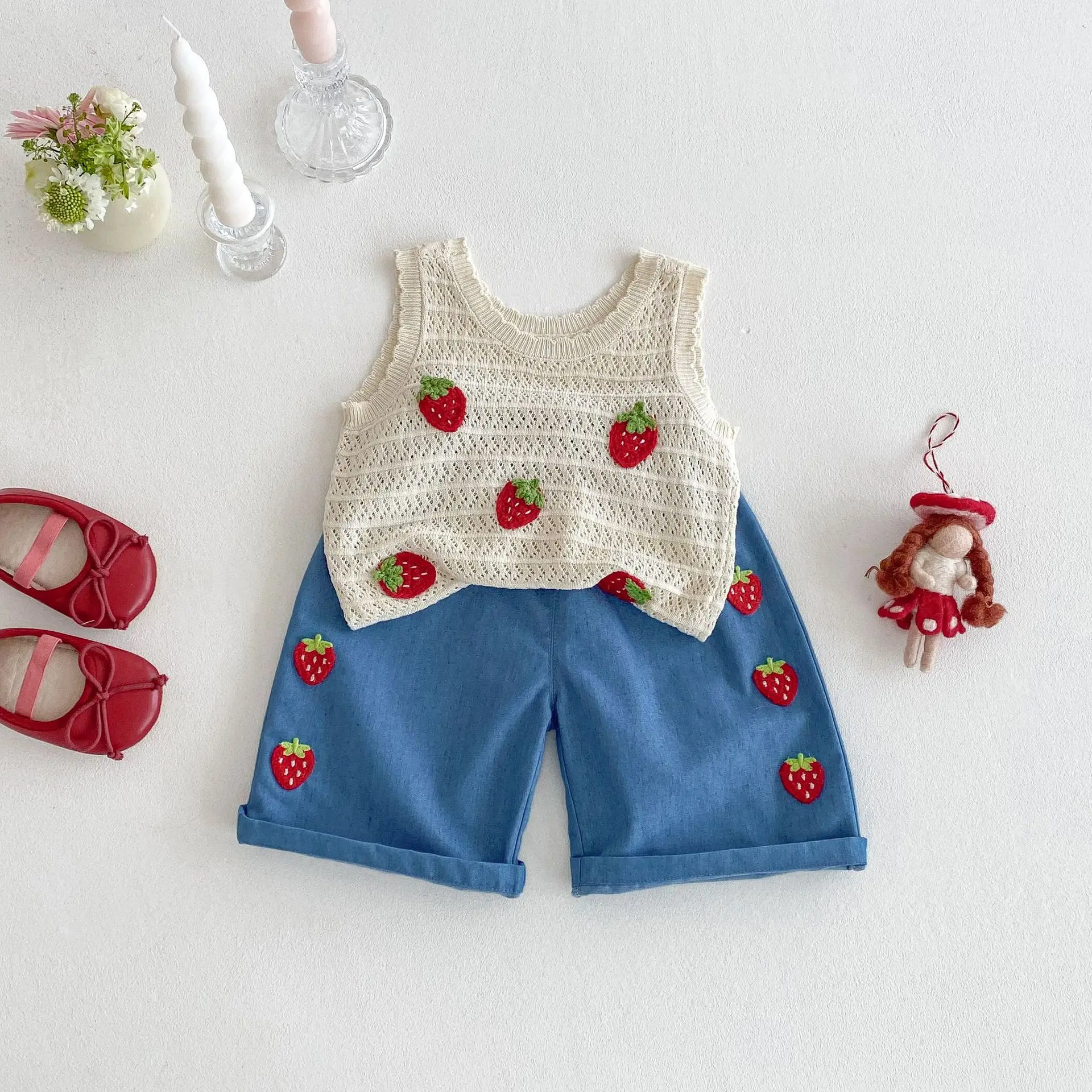 MILANCEl 2025 Summer Kids Clothing Set Strawberry Vest And Wide Leg Pants 2 Pcs Girls Suit Girls Clothes Suit